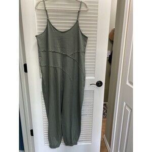 Newin Women Size L Olive Green Cami Jumpsuit Boho Raw Edge Jogger One Piece
